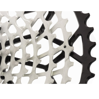 Close-up detail on a Garbaruk 11-speed SRAM XD freehub cassette in black, showing precision-machined tooth design and excellent build quality
