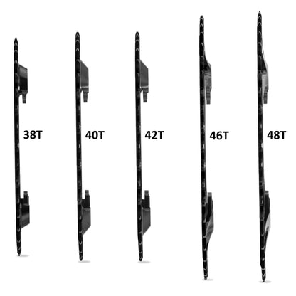 Side profile of multiple Garbaruk chainrings for Shimano GRX in black, showing varying offsets and tooth counts