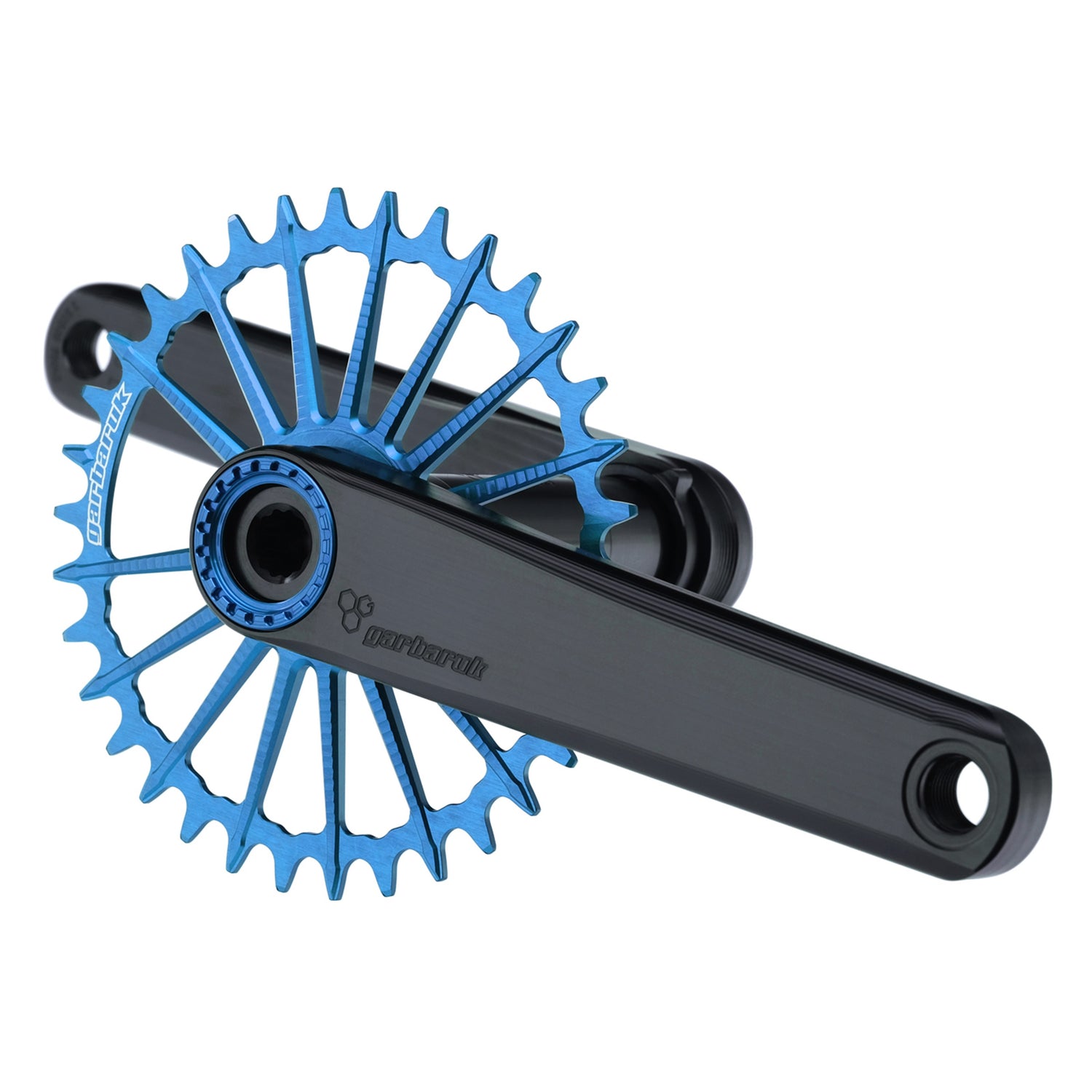 Garbaruk XC crankset in black with blue Garbaruk chainring, showing minimalist MTB design and CNC-machined detail