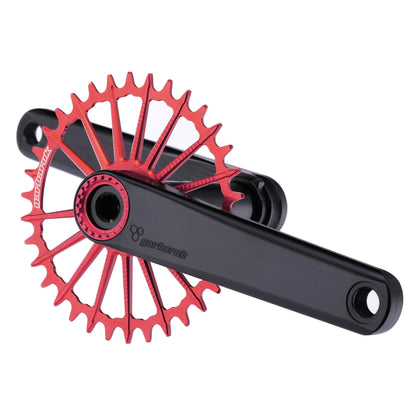 Garbaruk XC crankset in black with red Garbaruk chainring, showing minimalist MTB design and CNC-machined detail
