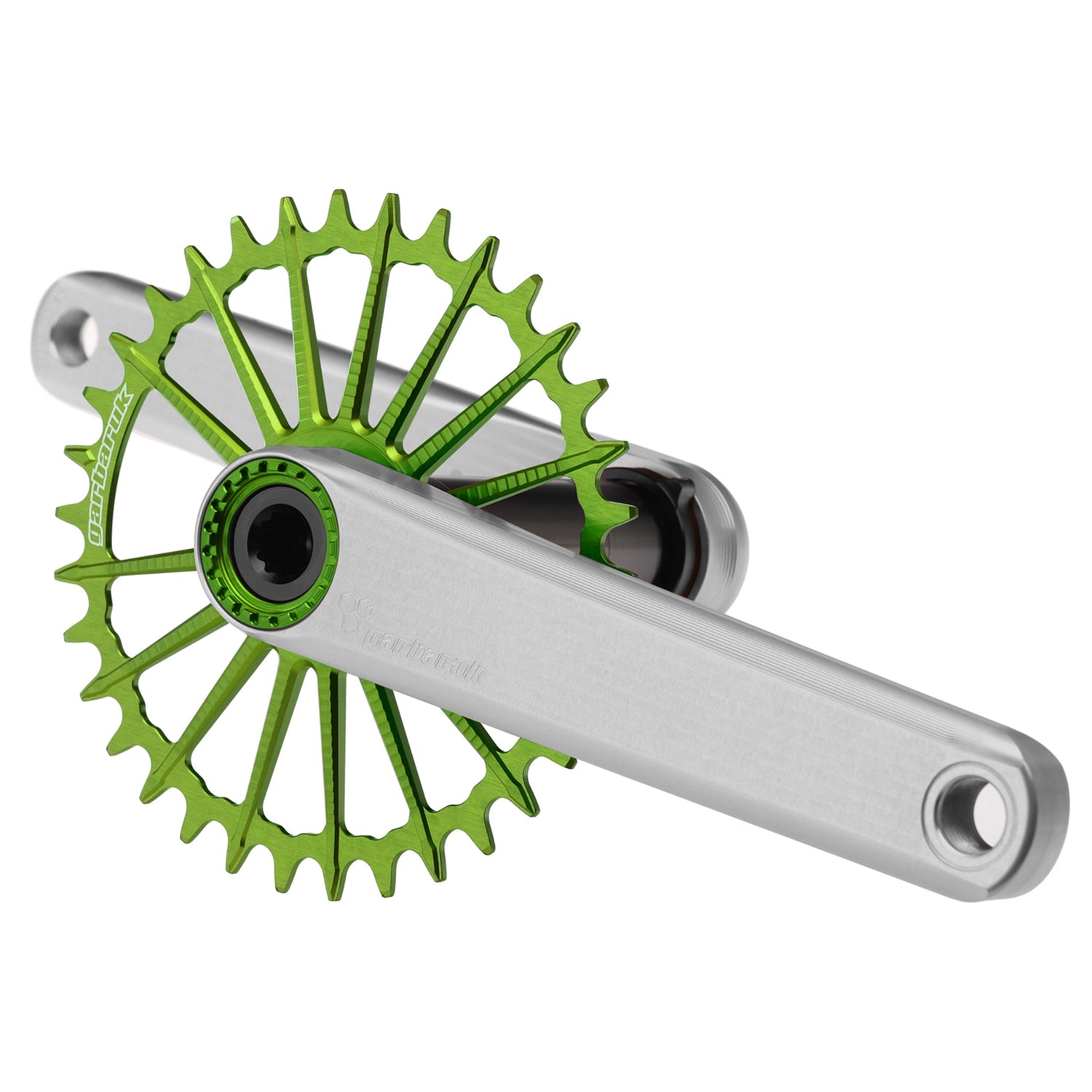 Silver Garbaruk XC crankset with green Garbaruk chainring, engineered for lightweight MTB performance and precision