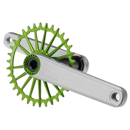 Silver Garbaruk XC crankset with green Garbaruk chainring, engineered for lightweight MTB performance and precision