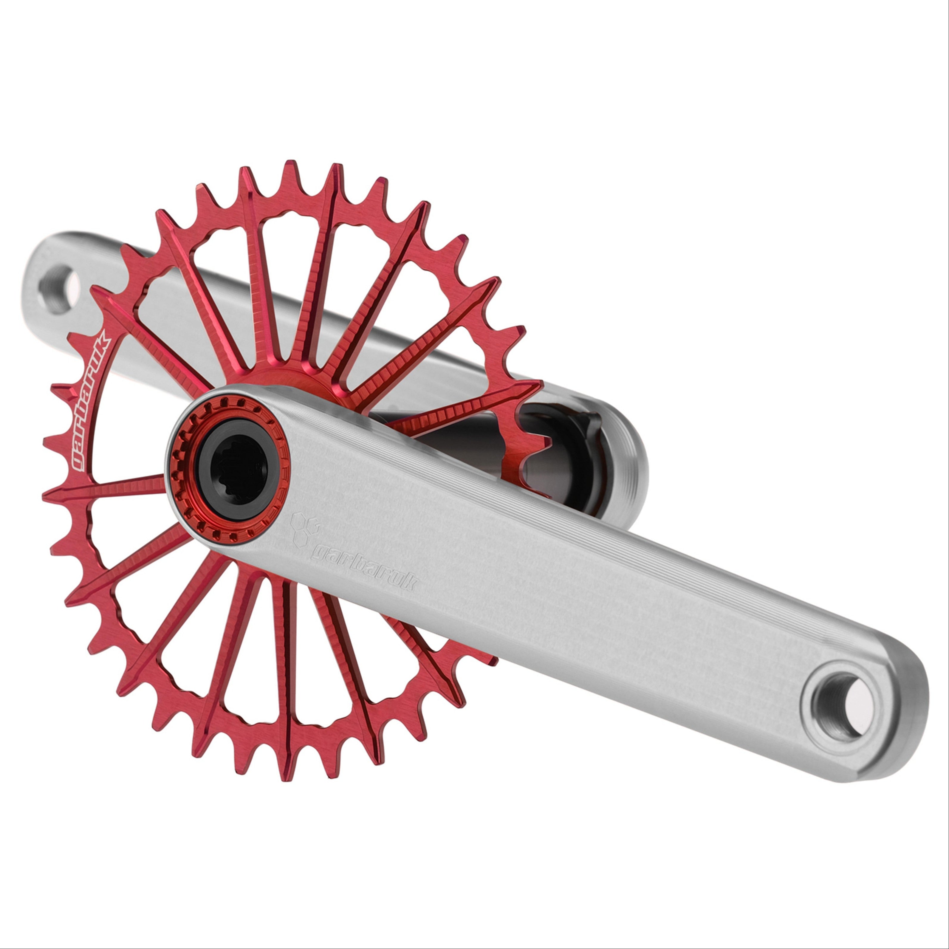 Silver Garbaruk XC crankset with red Garbaruk chainring, engineered for lightweight MTB performance and precision