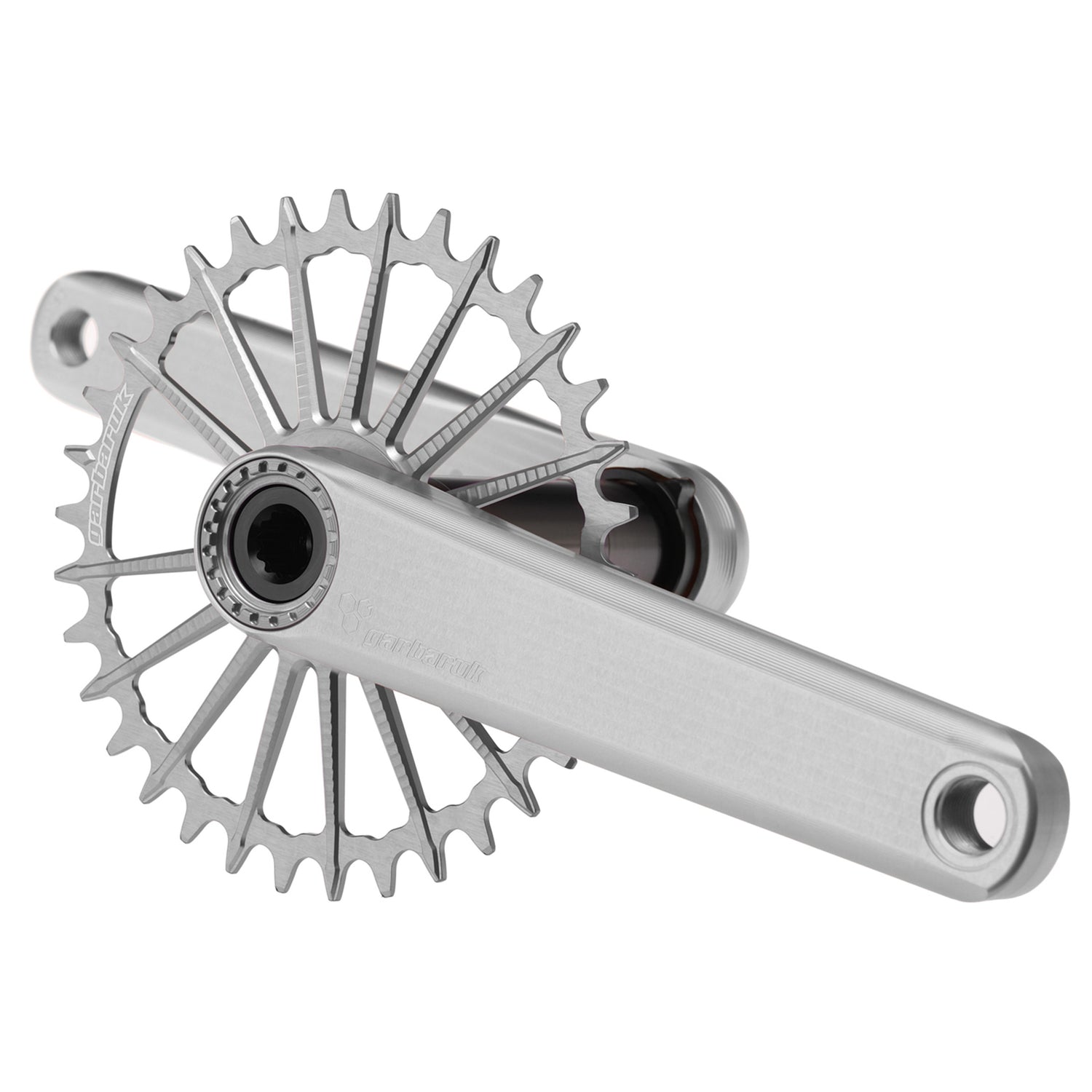Garbaruk XC crankset in silver with silver chainring, engineered for lightweight MTB performance and precision