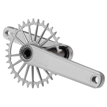 Garbaruk XC crankset in silver with silver chainring, engineered for lightweight MTB performance and precision