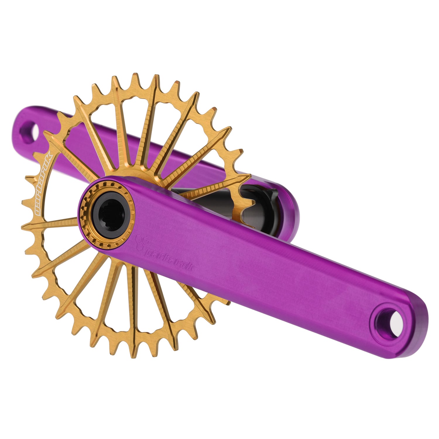 Violet Garbaruk XC crankset matched with gold Garbaruk chainring, built for aggressive trail riding and race-ready responsiveness