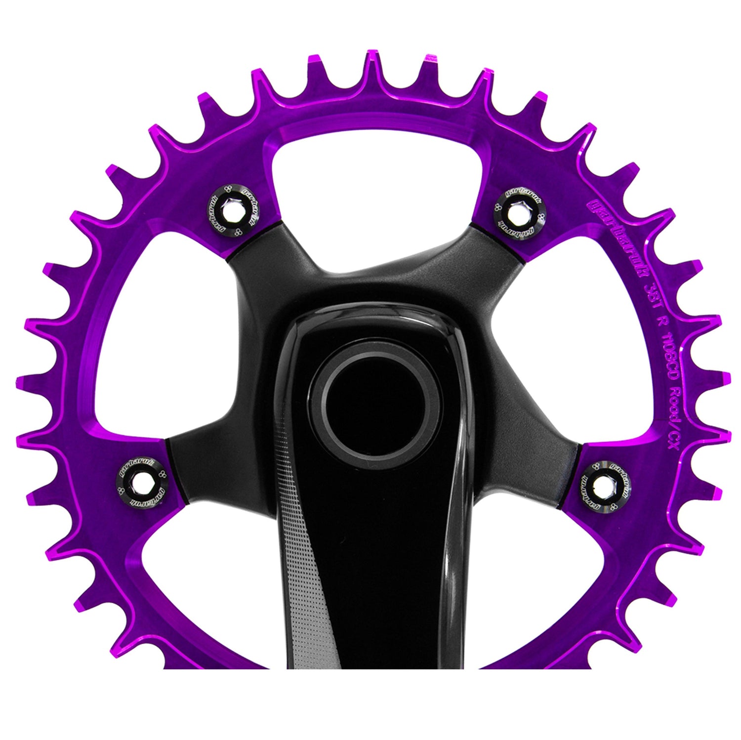 Close-up of black Garbaruk chainring bolts installed on violet Garbaruk chainring, highlighting colour contrast and secure fit