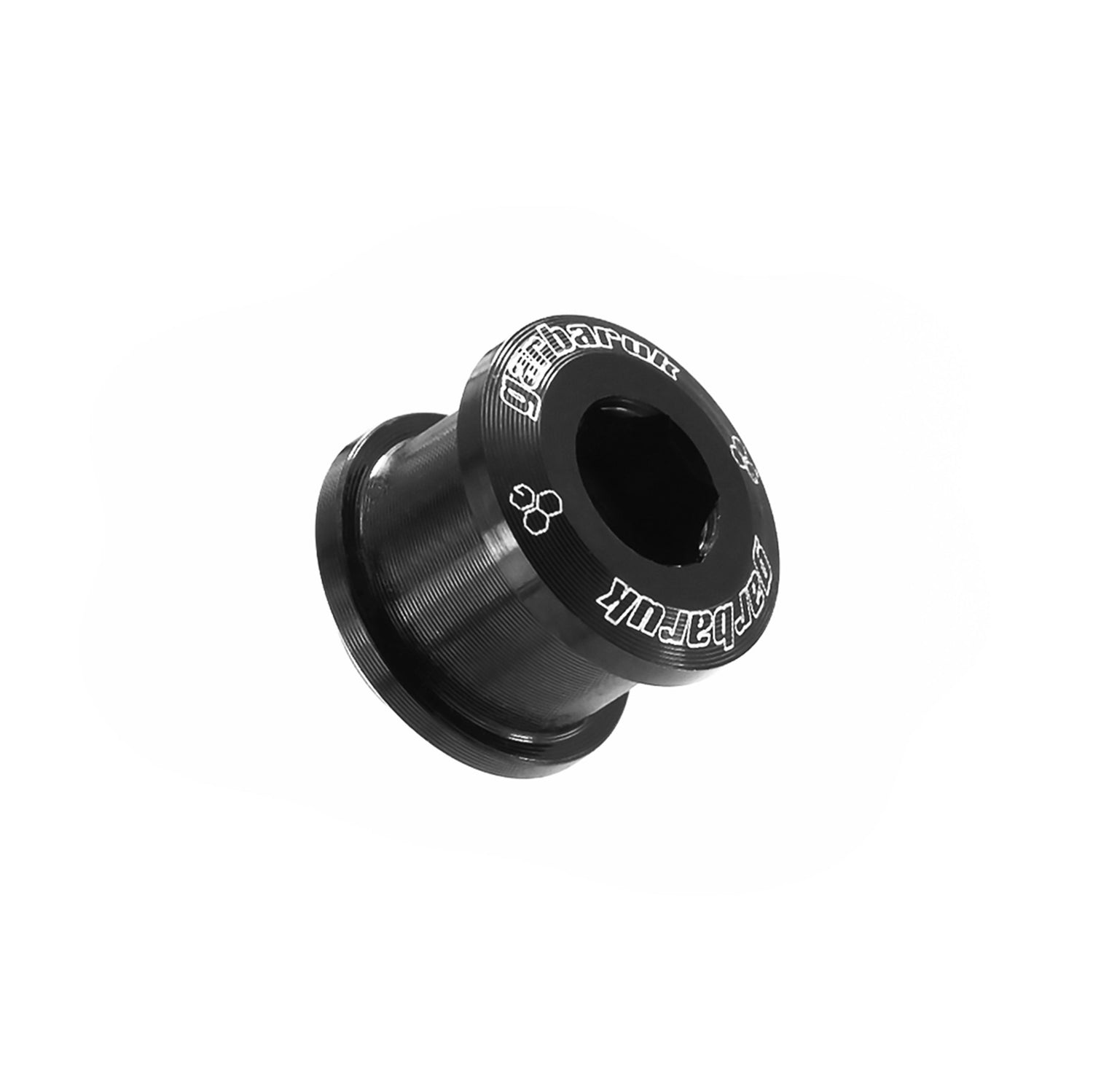 Single black Garbaruk M8 x 0.75 chainring bolt showing detailed machining and finish