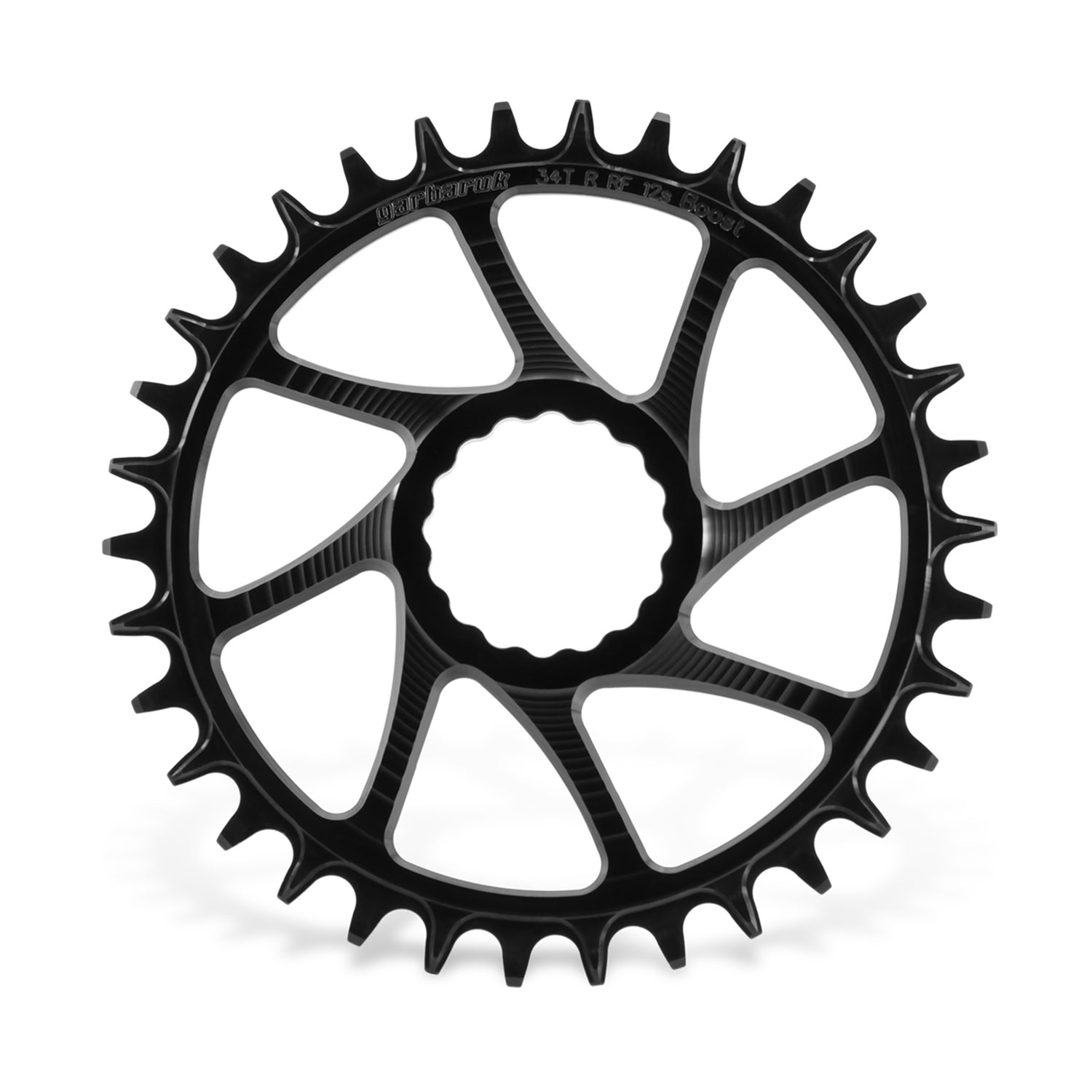 Garbaruk direct-mount MTB chainring for Race Face Cinch Boost in black, 34T, CNC-machined with unique tooth profiling for optimal chain retention