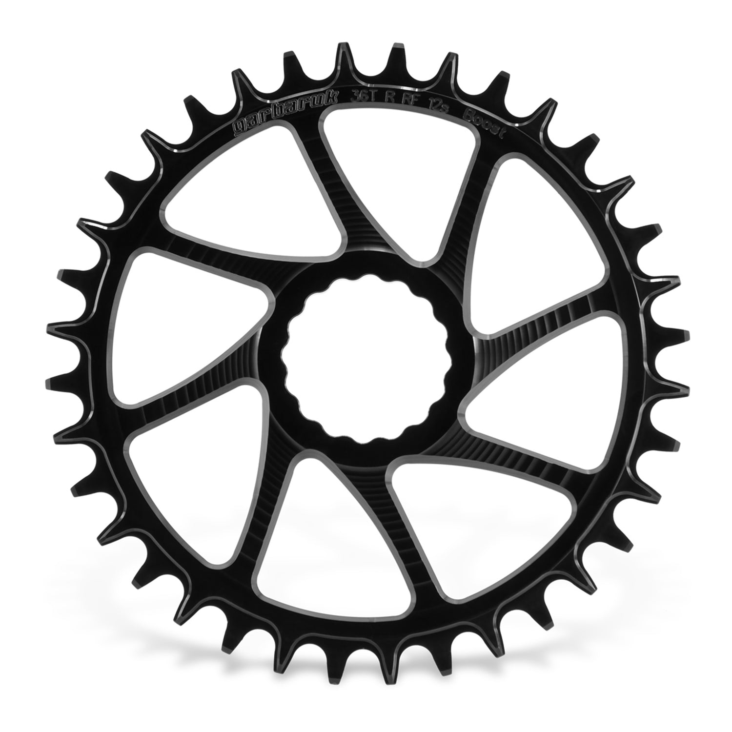 Garbaruk direct-mount MTB chainring for Race Face Cinch Boost in black, 36T, CNC-machined with unique tooth profiling for optimal chain retention