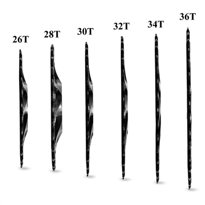 Set of six Garbaruk DM MTB chainrings for Race Face Cinch Boost shown in profile, displaying varying offsets for drivetrain compatibility