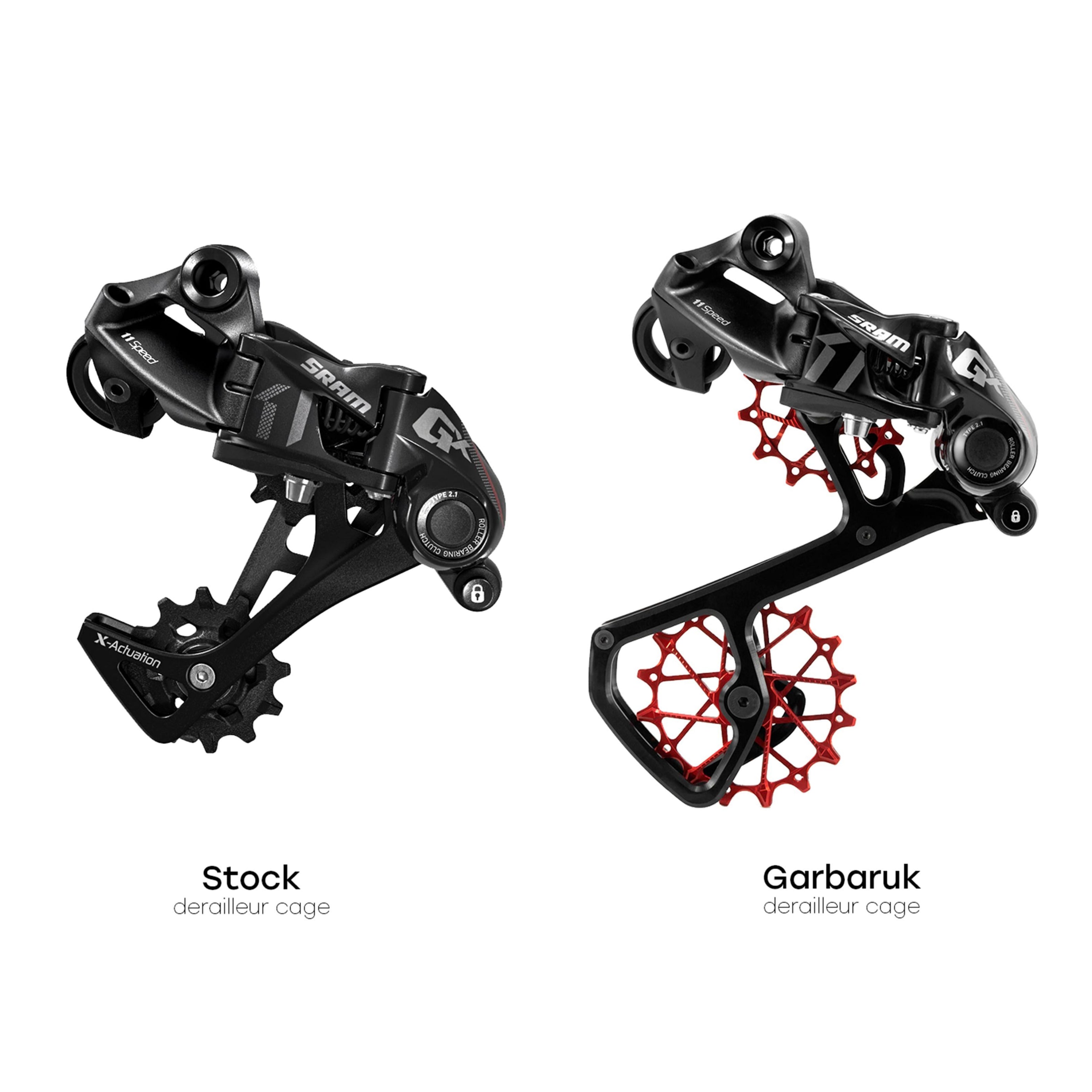 Comparison of stock rear derailleur cage and Garbaruk rear derailleur cage for SRAM 11/12-speed, showing improved chain retention and sturdier design with Garbaruk upgrade