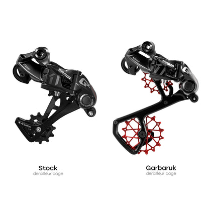 Comparison of stock rear derailleur cage and Garbaruk rear derailleur cage for SRAM 11/12-speed, showing improved chain retention and sturdier design with Garbaruk upgrade