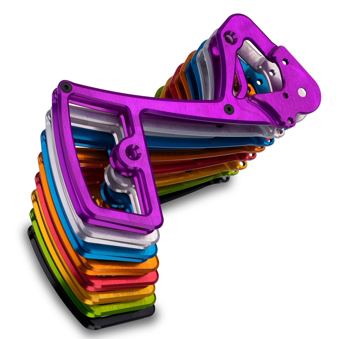Rear view of stacked Garbaruk rear derailleur cages for SRAM 11/12-speed, highlighting detailed CNC-machined construction and vibrant colour choices
