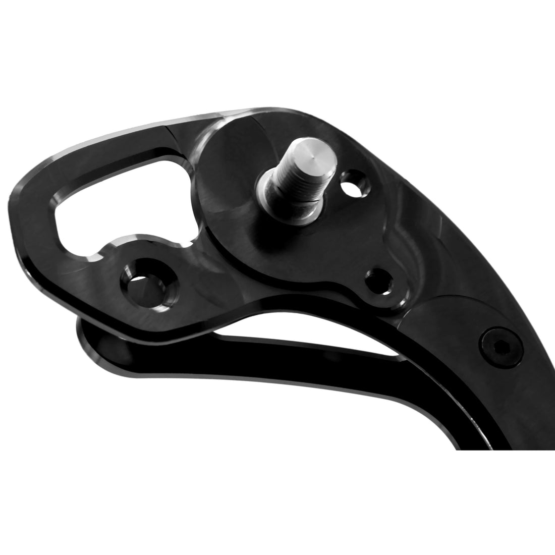 Detailed view of Garbaruk rear derailleur cage for Shimano GRX 11-speed in black, showing precision machining and finish quality