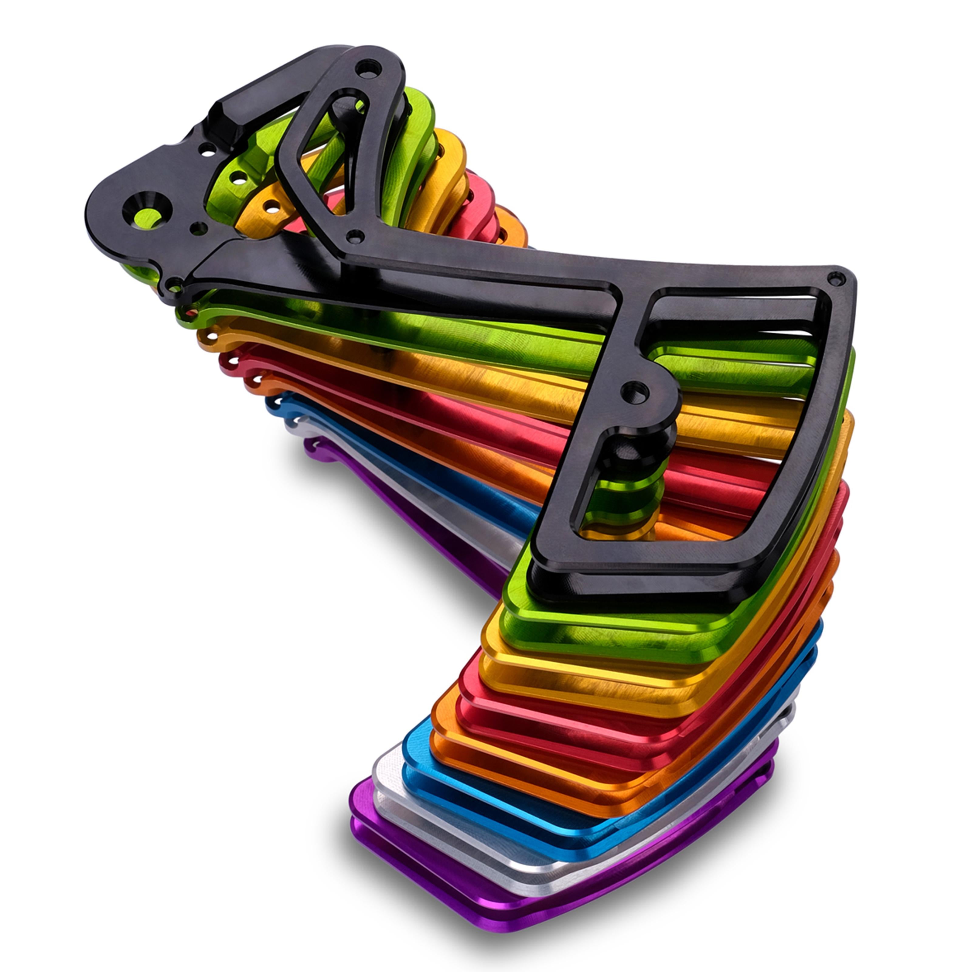 Stacked Garbaruk rear derailleur cages for SRAM 11/12-speed in full colour range, showcasing precision CNC machining and colour options