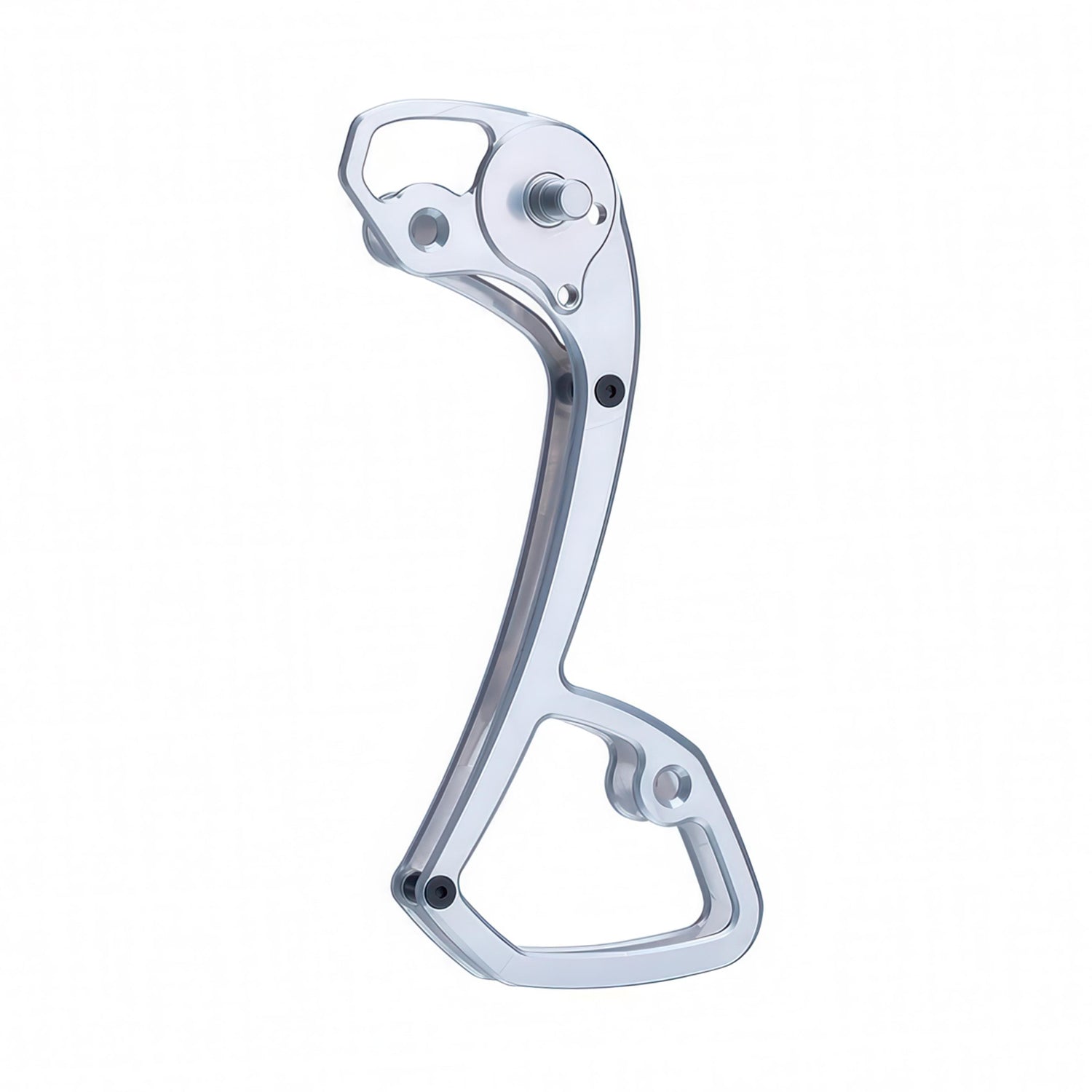 Garbaruk rear derailleur cage for Shimano GRX Di2 11-speed in silver, precision CNC-machined for lightweight durability, designed to improve chain retention and shifting performance