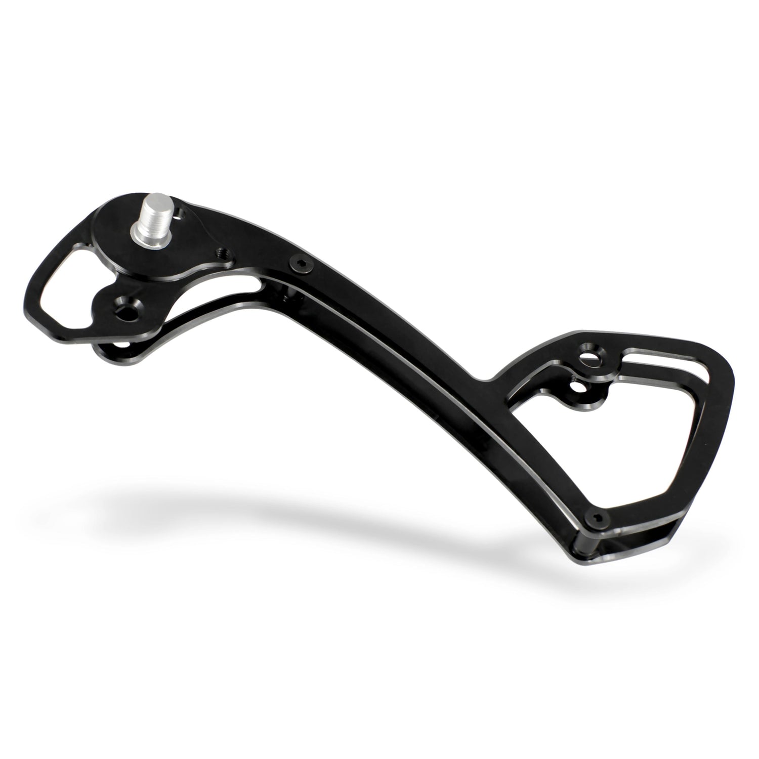 Angled rear view of Garbaruk rear derailleur cage for Shimano GRX Di2 11-speed, black, precision CNC-machined for lightweight durability, designed to improve chain retention and shifting performance