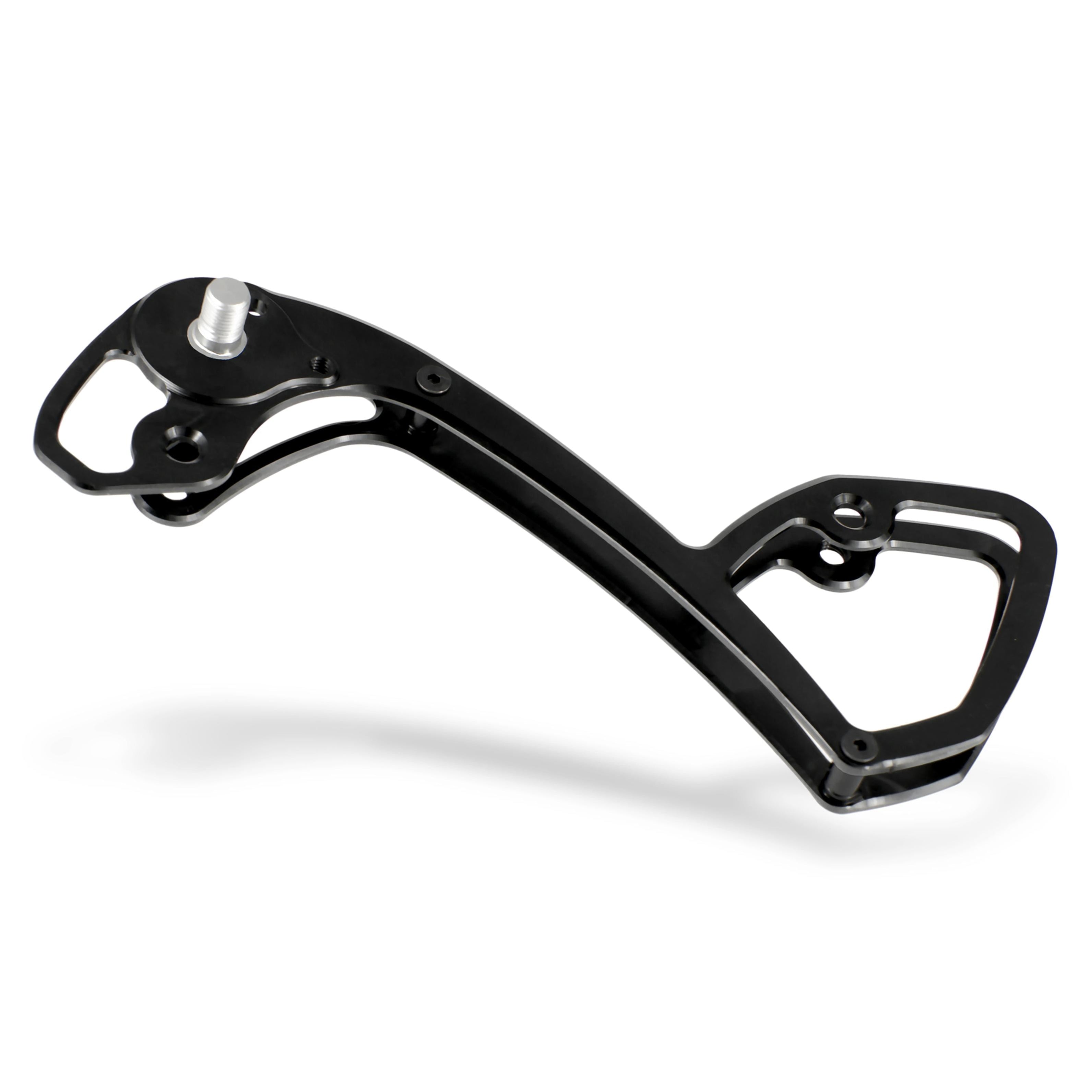 Angled rear view of Garbaruk rear derailleur cage for Shimano GRX Di2 11-speed, black, precision CNC-machined for lightweight durability, designed to improve chain retention and shifting performance