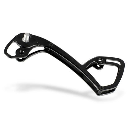 Angled rear view of Garbaruk rear derailleur cage for Shimano GRX Di2 11-speed, black, precision CNC-machined for lightweight durability, designed to improve chain retention and shifting performance