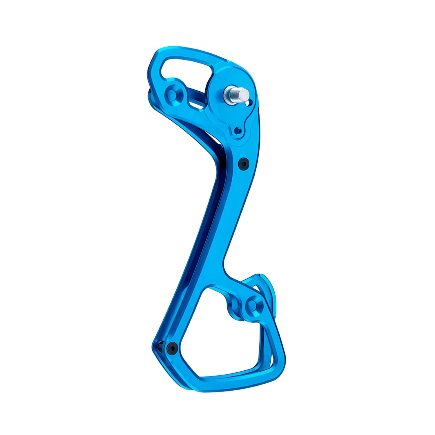 Garbaruk rear derailleur cage for Shimano 11-speed, shown in blue, CNC-machined for strength, weight savings, and extended gear range