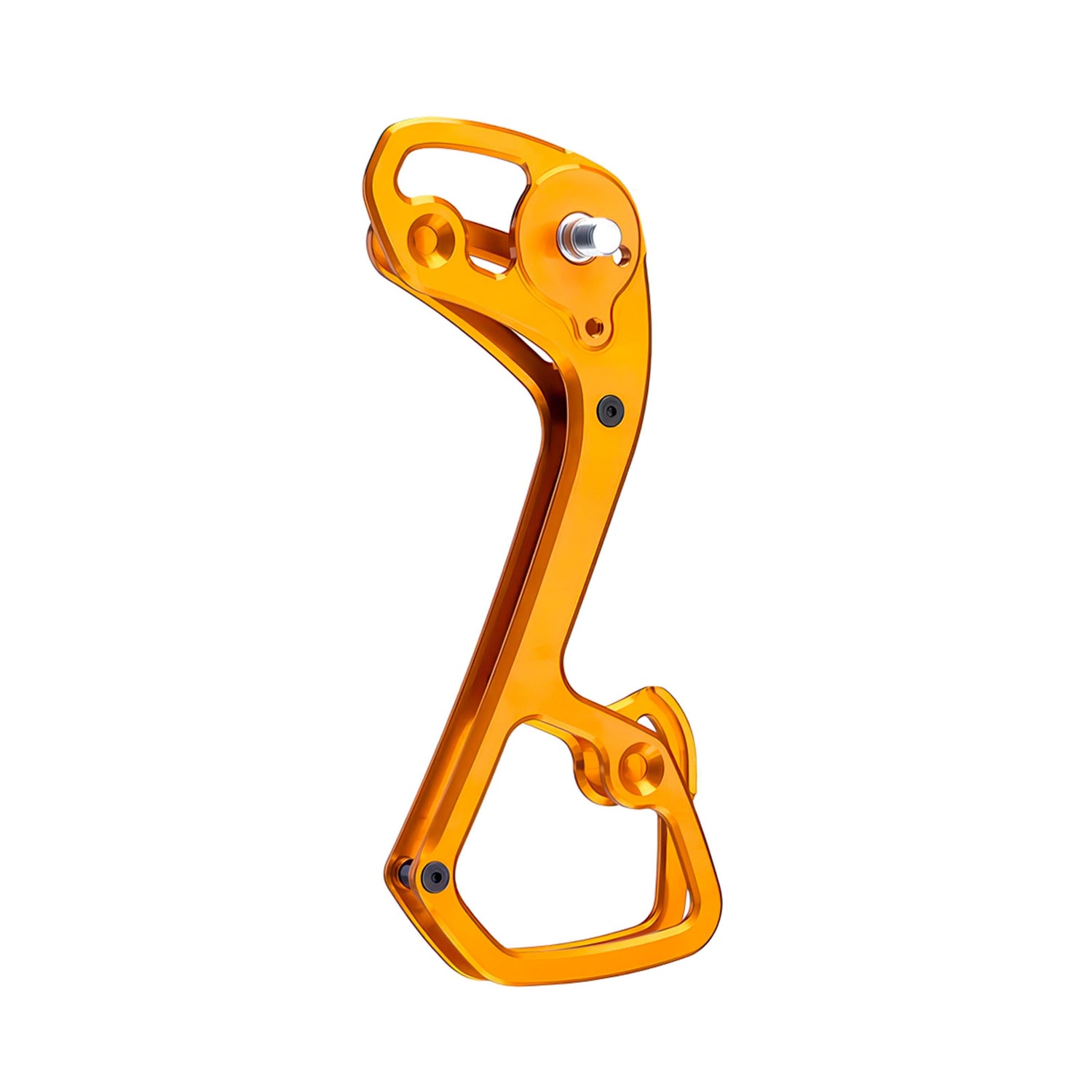 Garbaruk rear derailleur cage for Shimano 11-speed, shown in orange, CNC-machined for strength, weight savings, and extended gear range