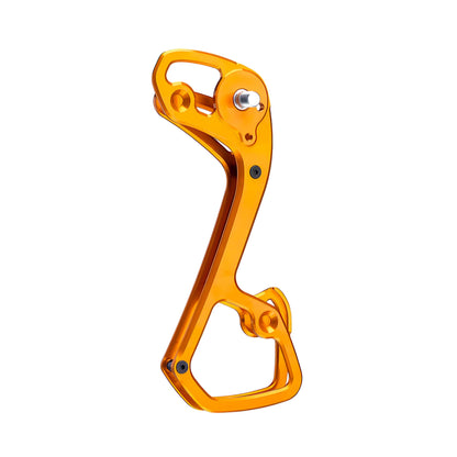 Garbaruk rear derailleur cage for Shimano 11-speed, shown in orange, CNC-machined for strength, weight savings, and extended gear range