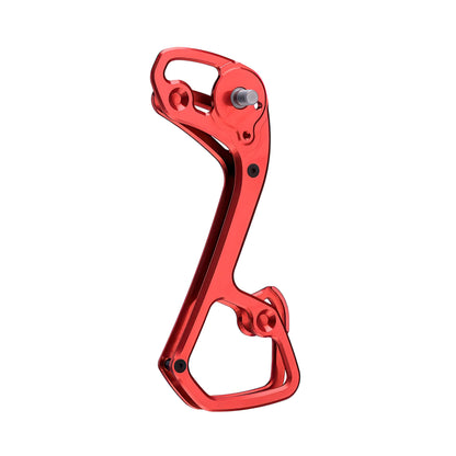 Garbaruk rear derailleur cage for Shimano 11-speed, shown in red, CNC-machined for strength, weight savings, and extended gear range