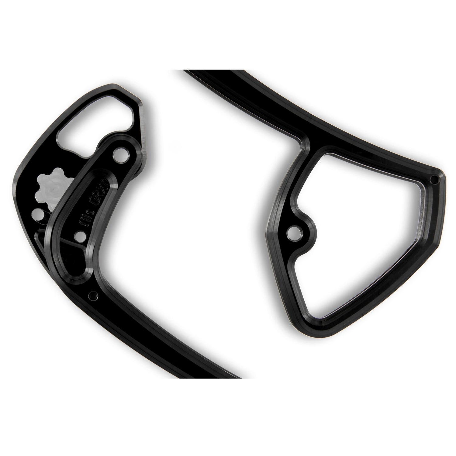 Close-up detail of Garbaruk rear derailleur cage for Shimano GRX Di2 11-speed, highlighting CNC machining and streamlined design