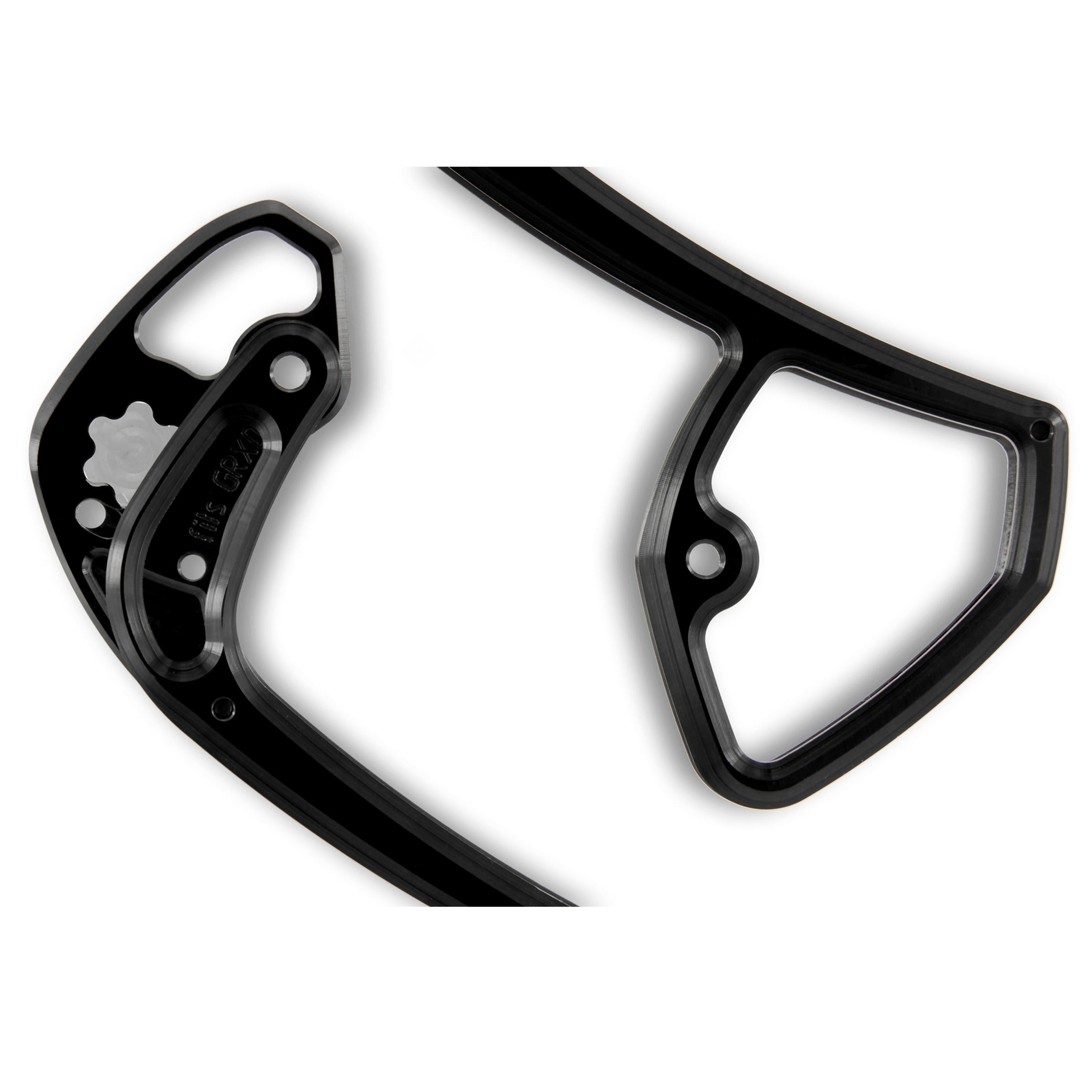 Close-up detail of Garbaruk rear derailleur cage for Shimano GRX Di2 11-speed, highlighting CNC machining and streamlined design