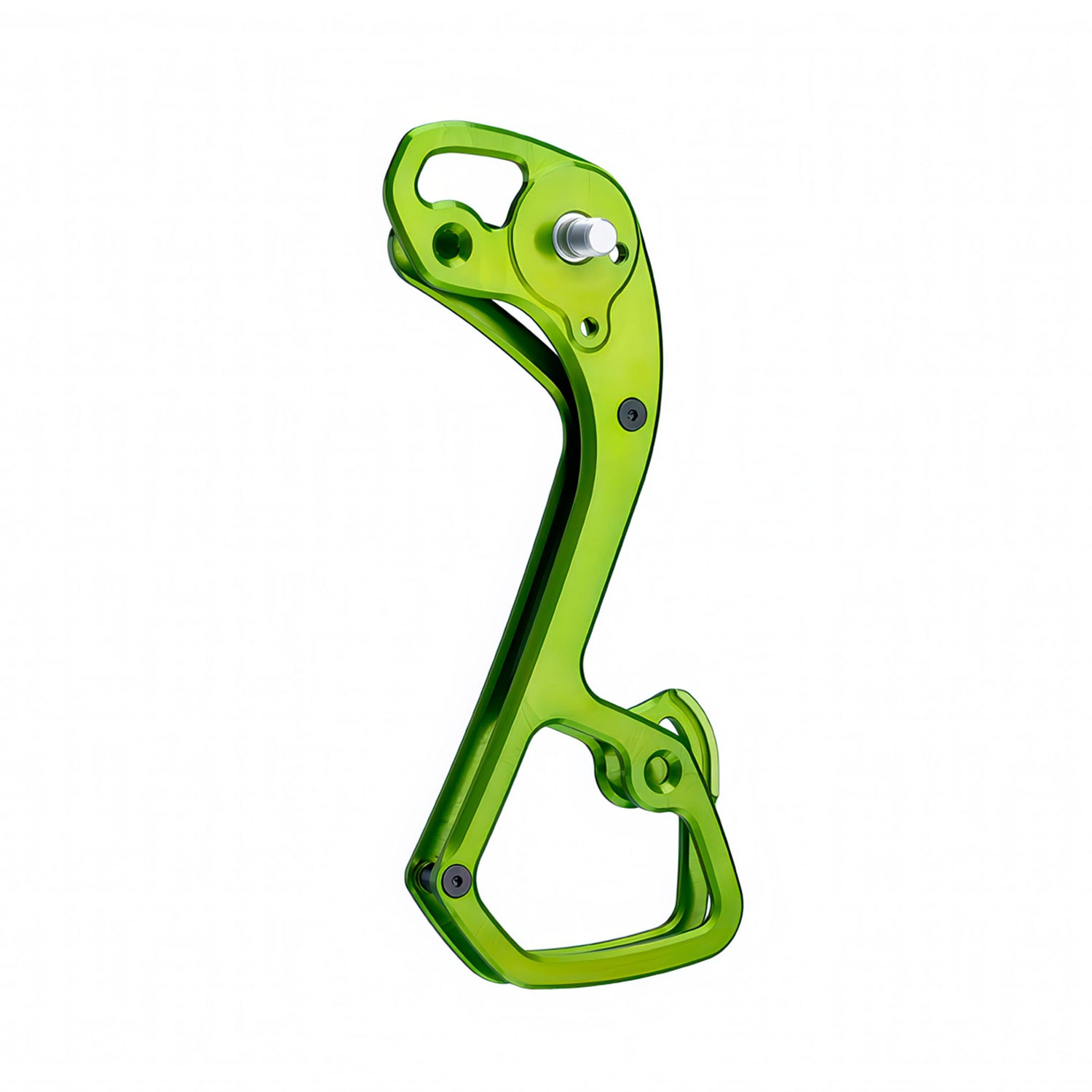Garbaruk rear derailleur cage for Shimano GRX 11-speed, shown in green, CNC-machined for improved range and lightweight performance