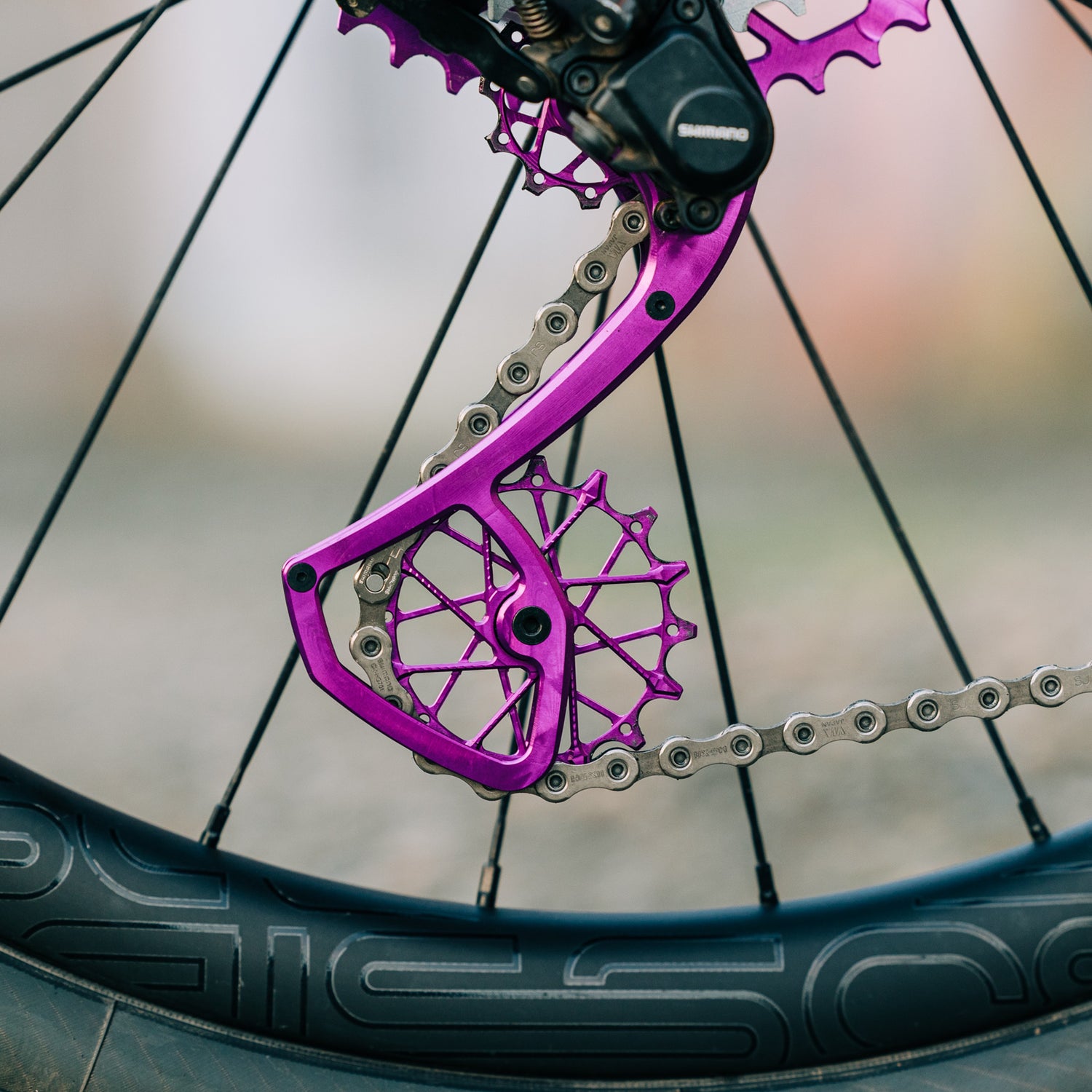 Garbaruk rear derailleur cage for Shimano GRX Di2 11-speed in violet, installed on a titanium Bossi Grit gravel bike, showing upgraded shifting performance and distinctive styling