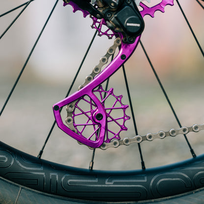 Garbaruk rear derailleur cage for Shimano GRX Di2 11-speed in violet, installed on a titanium Bossi Grit gravel bike, showing upgraded shifting performance and distinctive styling