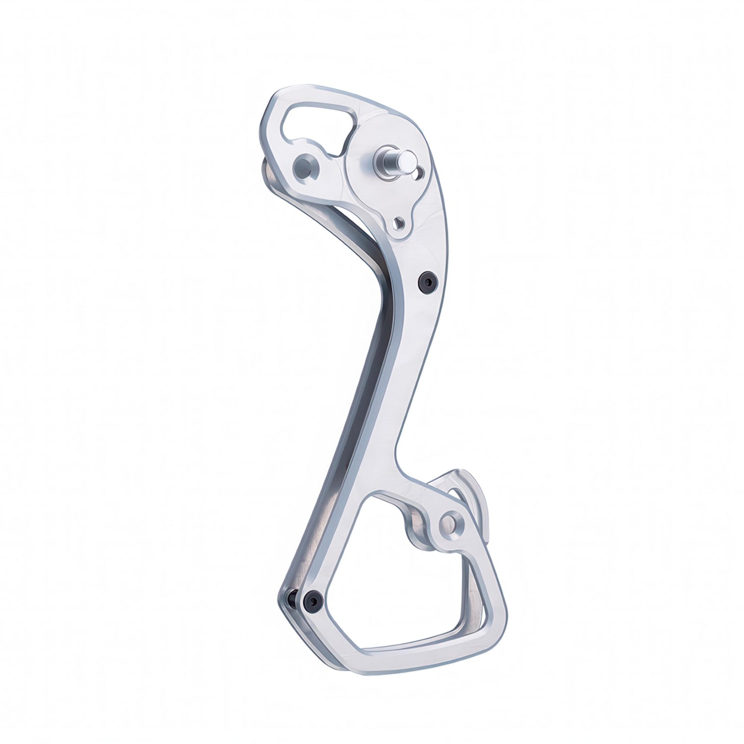 Garbaruk rear derailleur cage for Shimano GRX 11-speed, shown in silver, CNC-machined for improved range and lightweight performance