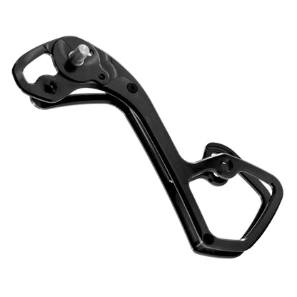 Angle view of black Garbaruk rear derailleur cage for Shimano GRX 11-speed, CNC-machined for improved range and lightweight performance