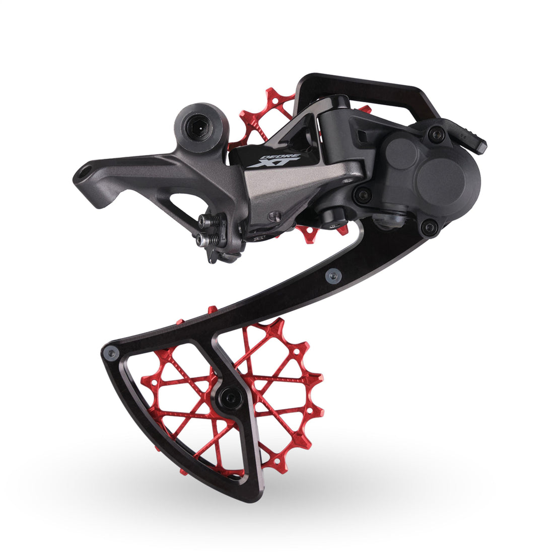 Garbaruk rear derailleur cage for Shimano 12-speed MTB, black, installed on Shimano rear derailleur to showcase fit and finish
