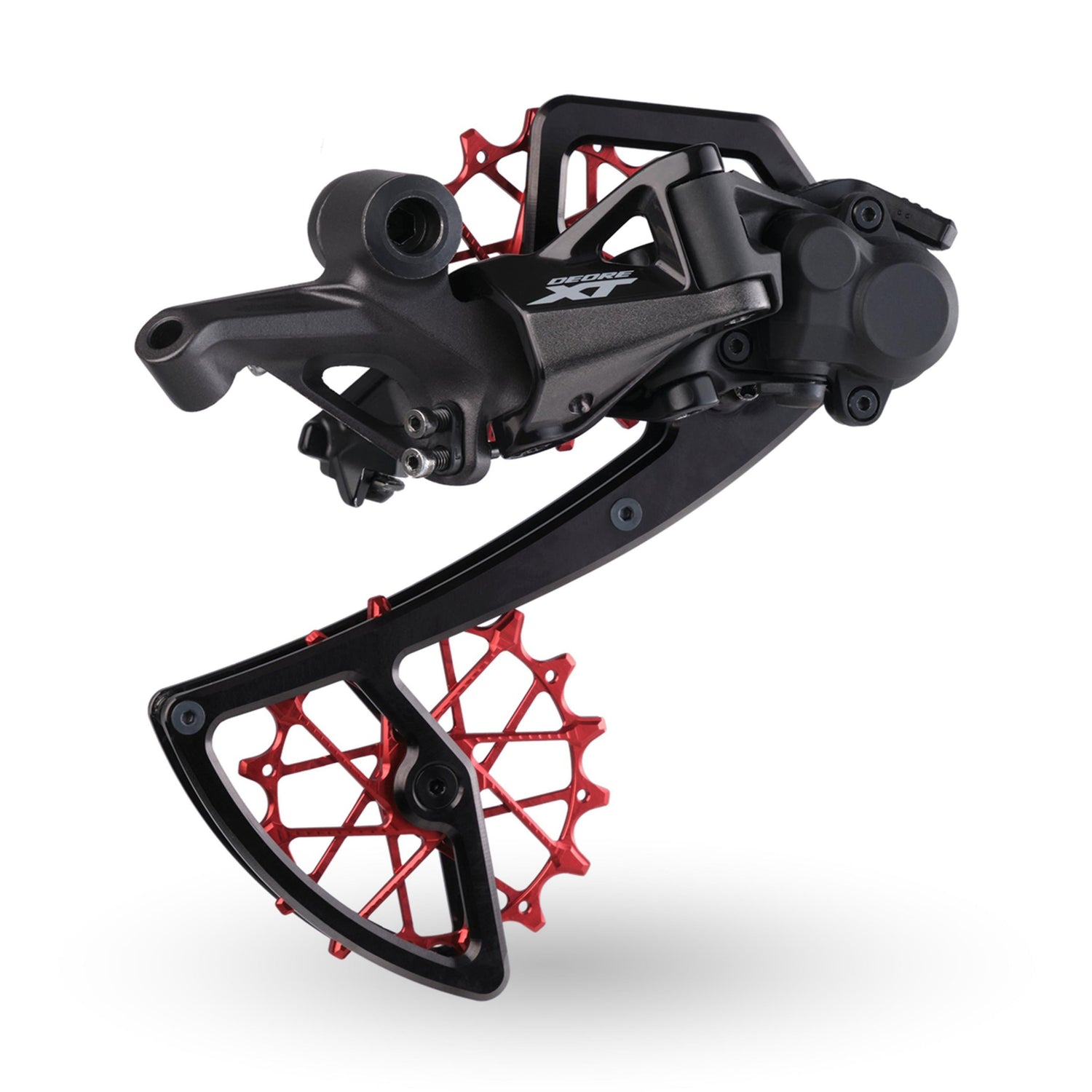 Garbaruk rear derailleur cage for Shimano 12-speed MTB, black, installed on Shimano XT rear derailleur to showcase fit and finish