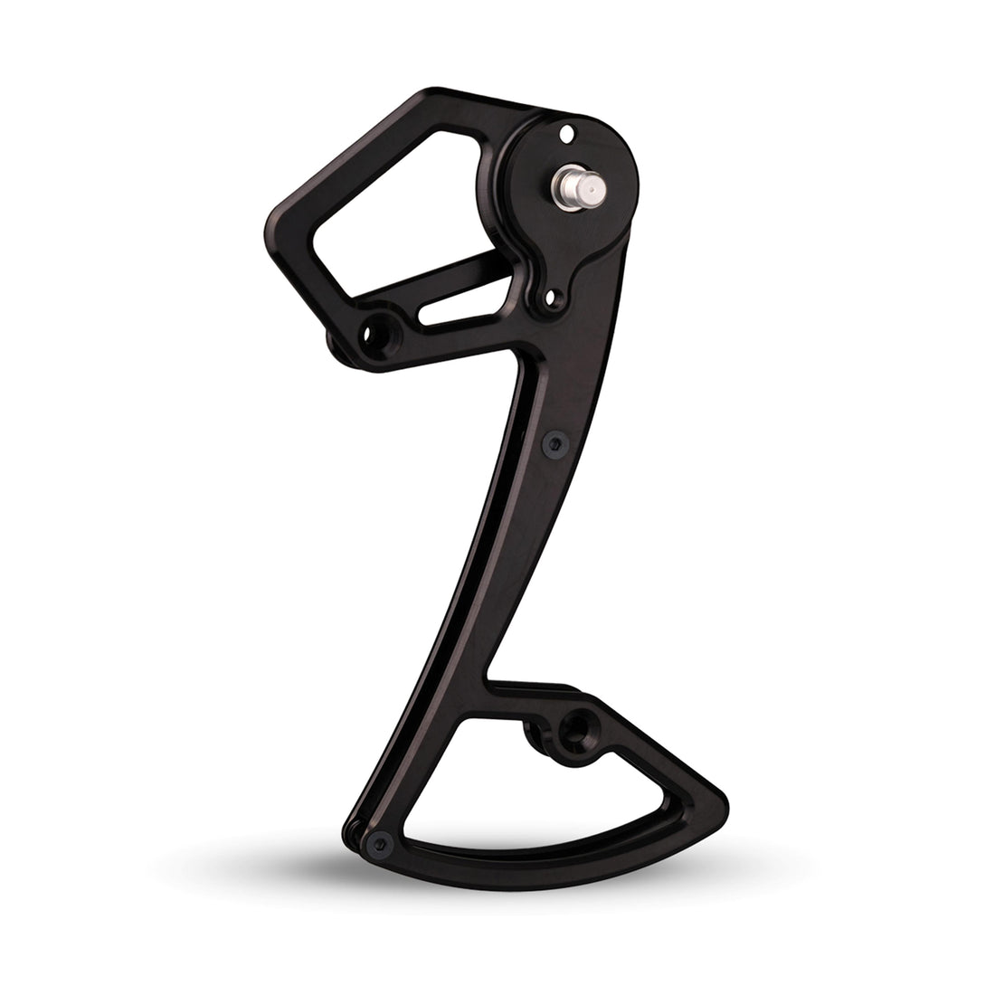 Garbaruk rear derailleur cage for Shimano 12-speed MTB, shown in black, CNC-machined for increased gear range, reduced weight, and precise shifting