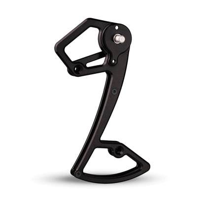 Garbaruk rear derailleur cage for Shimano 12-speed MTB, shown in black, CNC-machined for increased gear range, reduced weight, and precise shifting