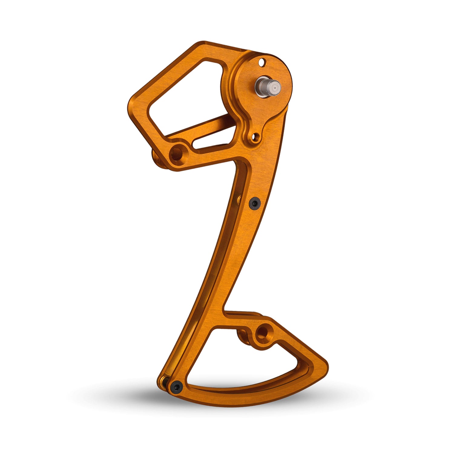 Garbaruk rear derailleur cage for Shimano 12-speed MTB, shown in orange, CNC-machined for increased gear range, reduced weight, and precise shifting