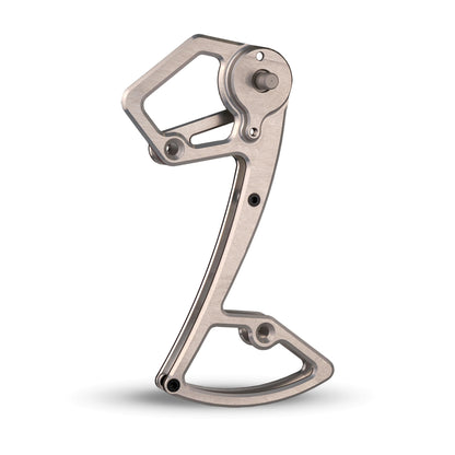 Garbaruk rear derailleur cage for Shimano 12-speed MTB, shown in silver, CNC-machined for increased gear range, reduced weight, and precise shifting