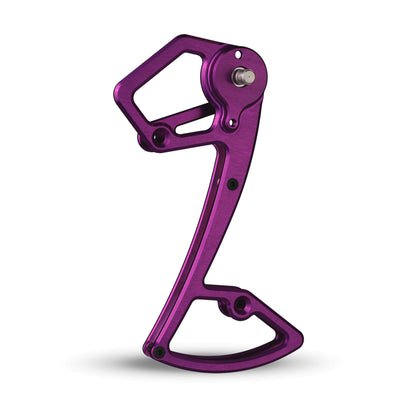 Garbaruk rear derailleur cage for Shimano 12-speed MTB, shown in violet, CNC-machined for increased gear range, reduced weight, and precise shifting