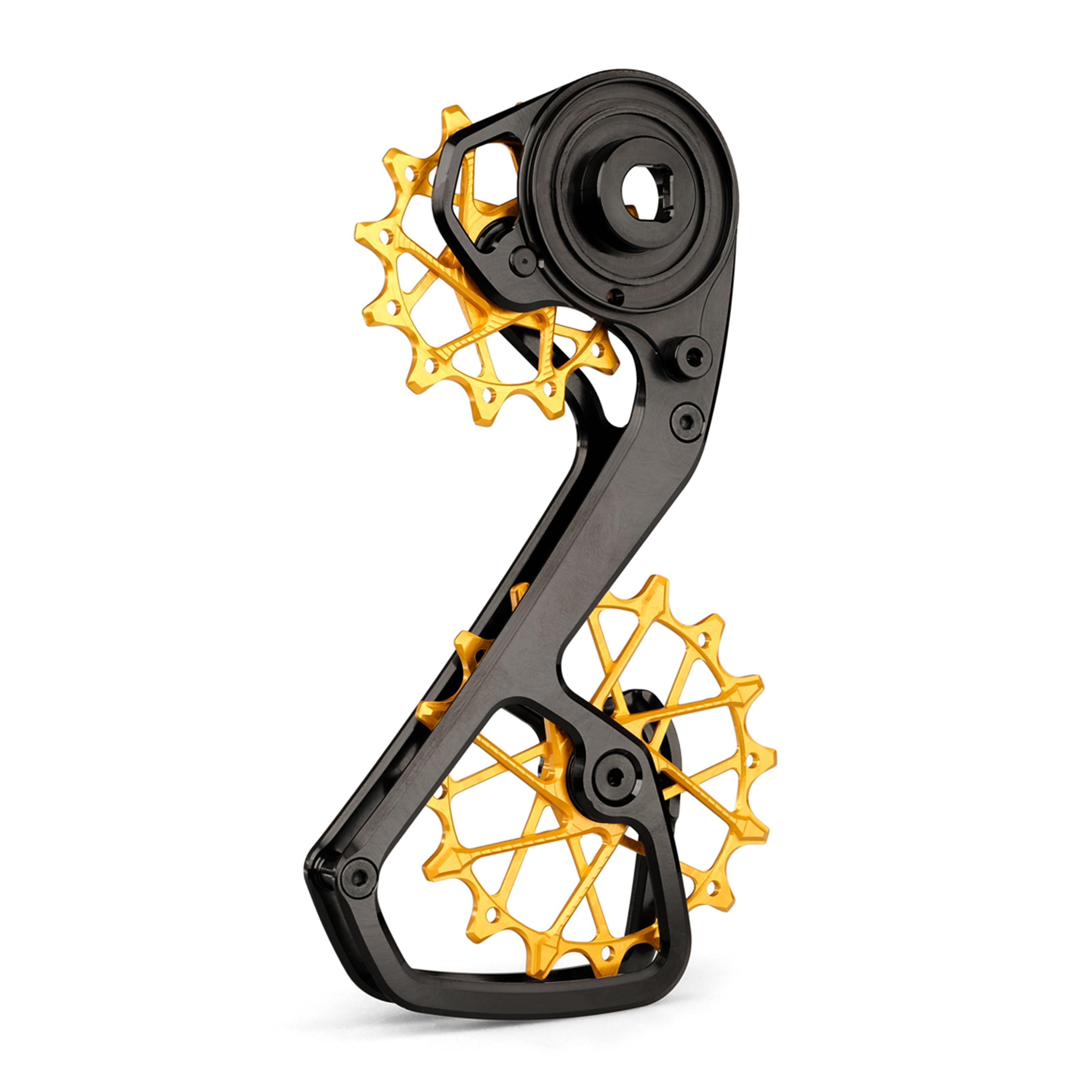 Garbaruk derailleur cage and pulleys kit for SRAM Force AXS 12-speed in black and gold, featuring oversized CNC-machined pulleys and lightweight cage design