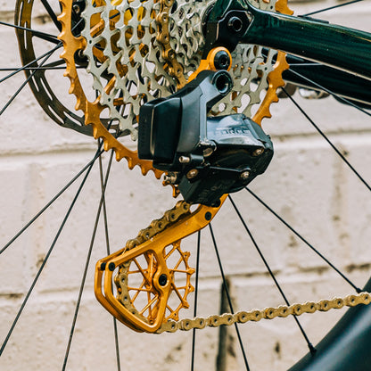 Gold Garbaruk derailleur cage and pulleys kit for SRAM Force AXS 12-speed installed on green Time road bike, photographed in front of a cream brick wall