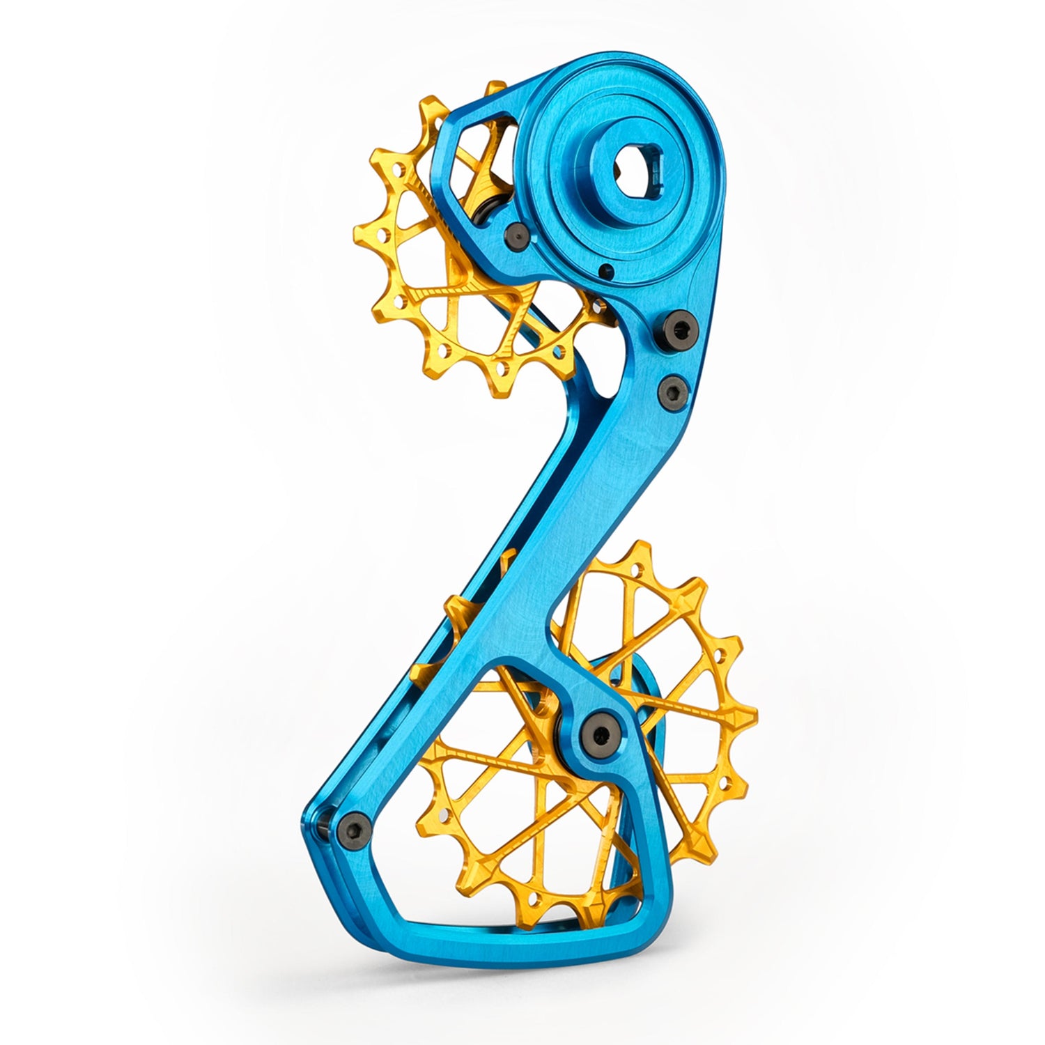 Garbaruk derailleur cage and pulleys kit for SRAM Force AXS 12-speed in blue and gold, featuring oversized CNC-machined pulleys and lightweight cage design