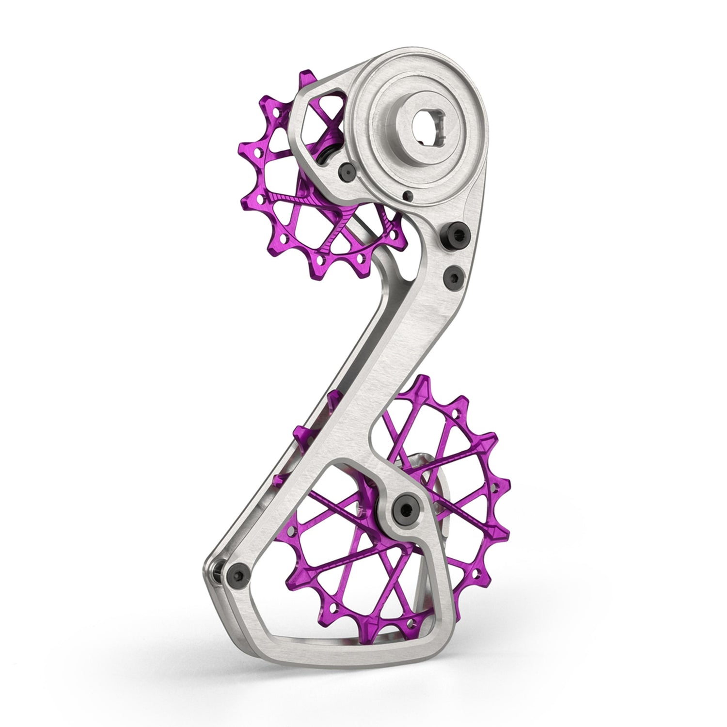 Garbaruk derailleur cage and pulleys kit for SRAM Force AXS 12-speed in silver and violet, featuring oversized CNC-machined pulleys and lightweight cage design