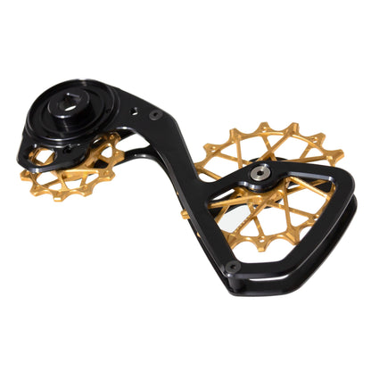 Angled view of Garbaruk derailleur cage and pulleys kit for SRAM Force AXS 12-speed in black and gold, featuring oversized CNC-machined pulleys and lightweight cage design