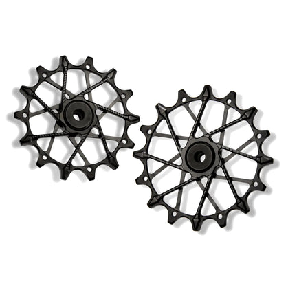 Garbaruk rear derailleur pulleys for SRAM XPLR 13-speed in black, studio shot on white background