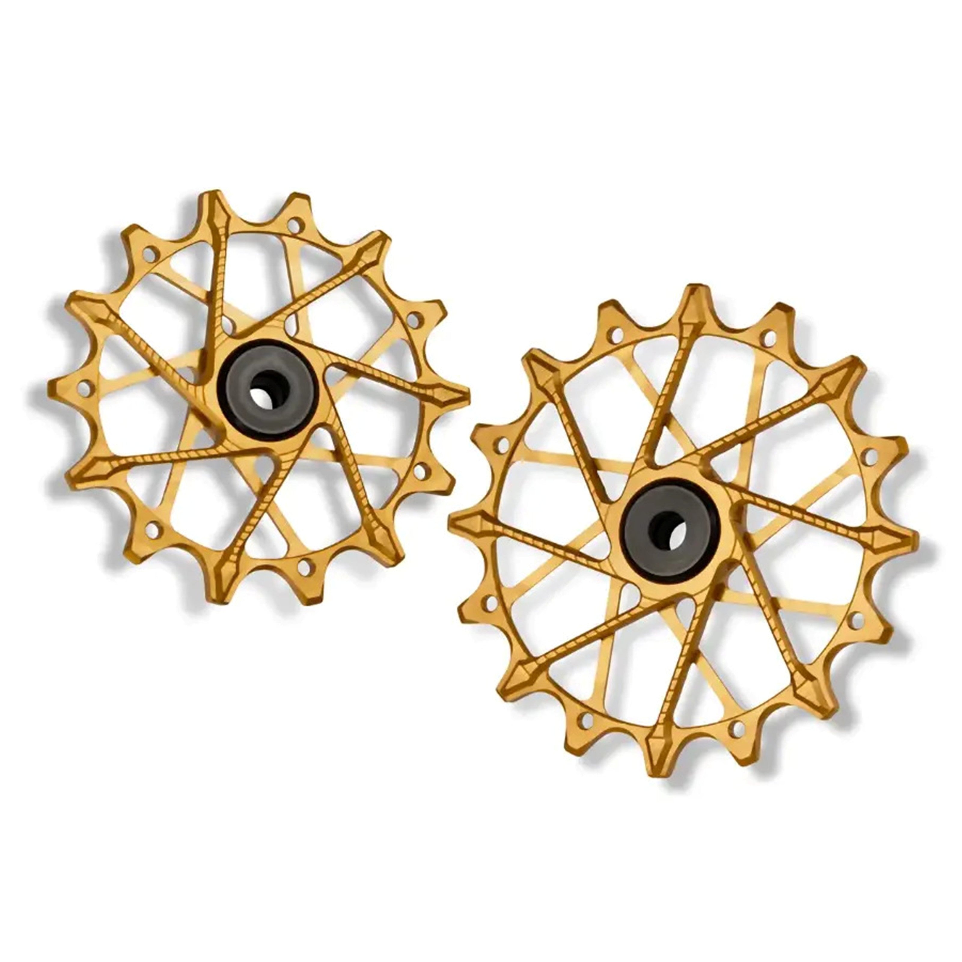 Gold Garbaruk rear derailleur pulleys for SRAM XPLR 13-speed, studio shot on white background
