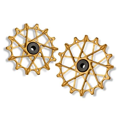 Gold Garbaruk rear derailleur pulleys for SRAM XPLR 13-speed, studio shot on white background